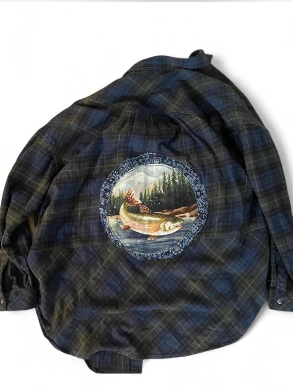 Free People Oversized Plaid Flannel Fish Graphic Shacket Boho Cabincore